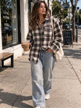 Garage Brown White Plaid Flannel Shirt Button Up Size M Casual Cozy Relaxed Fit